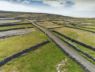 Aerial view on stone fences green fields of Aran islands