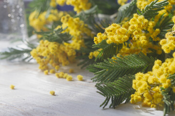 Spring background for a women's holiday made of mimosa branches with yellow flowers