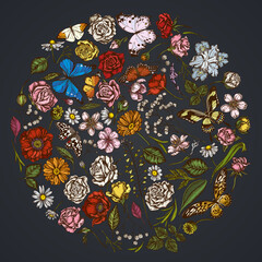 Round floral design on dark background with shepherd's purse, heather, iris japonica, sakura, gypsophila, chamomile, almond, poppy flower, calendula, blue morpho, lemon butterfly, red lacewing