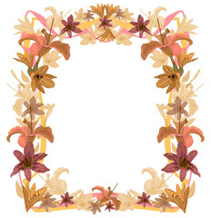 Solemn frame of golden lilies for page decoration on a white background