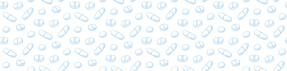Seamless pattern with medicines, capsules, medicaments, drugs, pills and tablets. Medical pharmacy backgrounds and textures. Vector EPS10 illustration in doodle style.