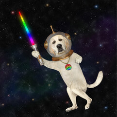 A dog labrador astronaut wearing a space suit with a glowing sword is in outer space.