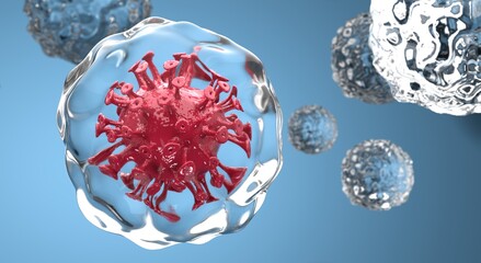 Embryonic stem cell, cancer or coronavirus COVID-19. Red bacteria or virus in clear liquid sphere or mucus on blue background. Medical research banner with microscopic image. Realistic 3d illustration