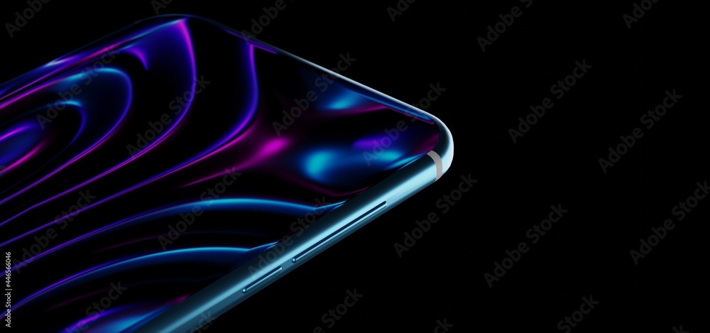 Aufkleber smartphone with neon screen close up angle view. cellphone mock up with abstract gradient purple wav