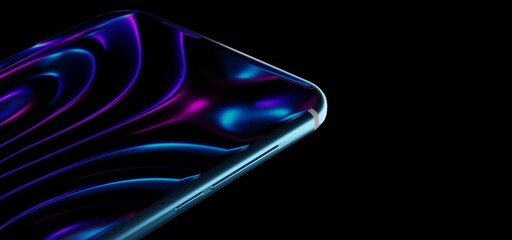 Smartphone with neon screen close up angle view. Cellphone mock up with abstract gradient purple waves on display isolated on black background. Realistic 3d illustration mobile device, ad banner