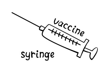 Vector syringe icon with lettering. Hand drawn black outline doodle isolated. Medical supplies, equipment, vaccine to treat and protect against virus and vaccination
