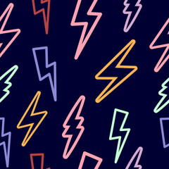 seamless texture with lightning on a black background. a lot of lightning. multicolored lightning