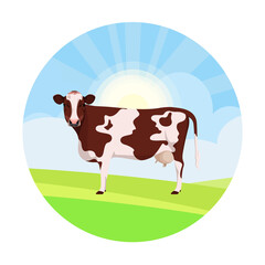 A cow with brown spots on the background of green meadows. A farm animal.