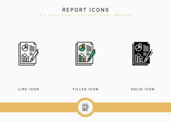 Report icons set vector illustration with solid icon line style. Customer satisfaction check concept. Editable stroke icon on isolated background for web design, infographic and UI mobile app.