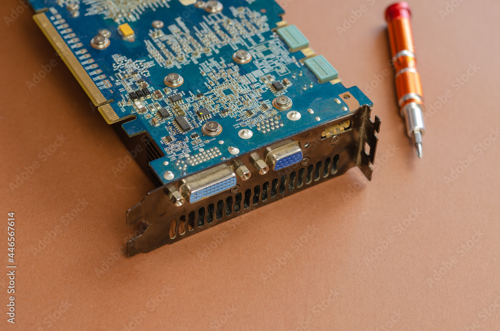 Poster computer repair services and components concept. computer graphi