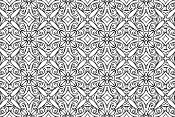 Ethnic pattern, geometric background. Oriental, Asian, Indian handmade style. Unique intricate isolated black white ornament. Template for creativity, coloring, design.