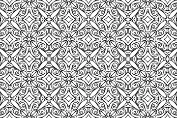 Outdoor-Kissen Ethnic pattern, geometric background. Oriental, Asian, Indian handmade style. Unique intricate isolated black white ornament. Template for creativity, coloring, design. ©  swetazwet