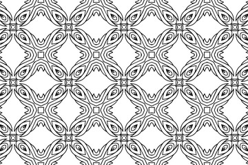 Ethnic pattern, geometric background. Oriental, Asian, Indian handmade style. Exotic isolated black white ornament. Template for creativity, coloring, design.