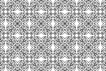 Ethnic pattern, geometric background. Oriental, Asian, Indian handmade style. Figured isolated black white ornament. Template for creativity, coloring, design.