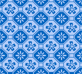 Japanese Flower Octagon Mosaic Vector Seamless Pattern