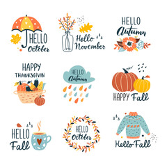 Fall collection with typographic design elements. Autumn wreath,  sweater, pumpkin, flowers. Hand drawn vector illustration