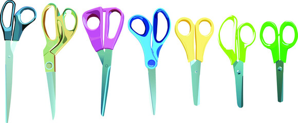 A set of scissors 7 pieces. Vector illustration of scissors for sewing, manicure, office.