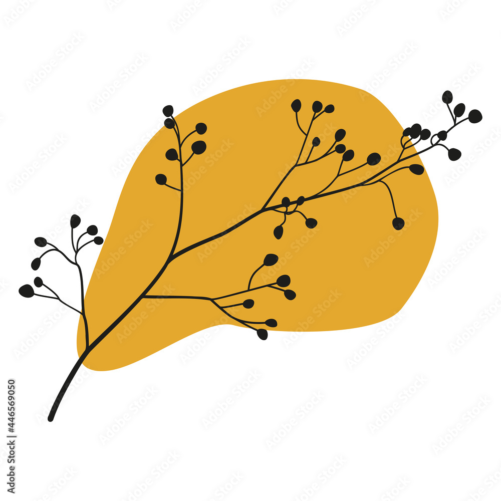 Poster silhouette of branches of trees with abstract yellow shape. plant art design for botanical boho wall