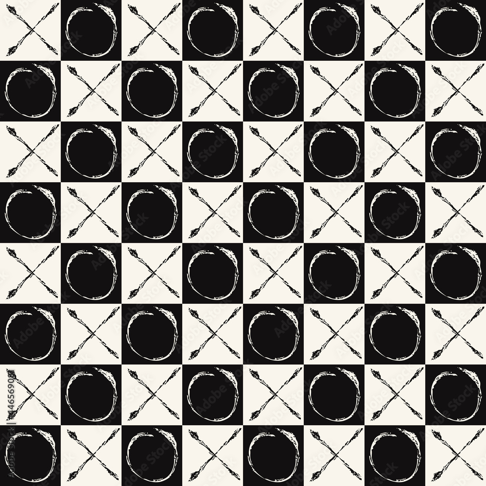 Aufkleber checker board and circles with crosses inside. vector checkered board in black and white colors and 