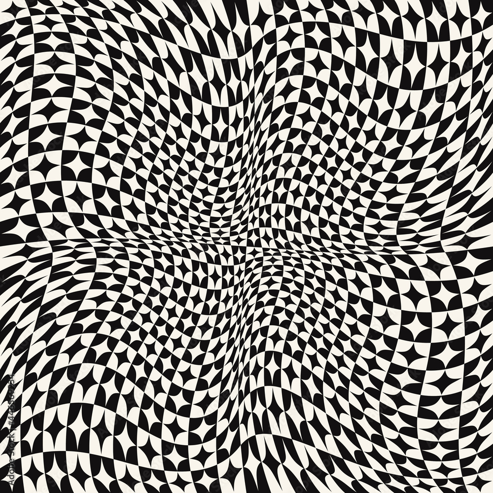 Poster Checker squares and four rays wallpaper. Vector seamless chess pattern. Twisted and convex 3D shape canvas.