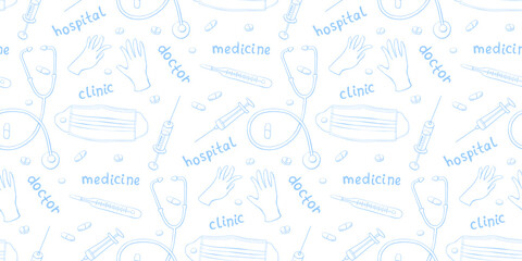 Seamless pattern with medicine items and lettering. Vector hand drawn outline illustration in doodle style. Symbols of doctors, hospitals, clinics, treatment, medical care