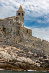 Medieval church of San Pietro (St. Peter consecrated in 1198) in Portovenere or Porto Venere, UNESCO world heritage site. La Spezia, Liguria, Italy, Europe.