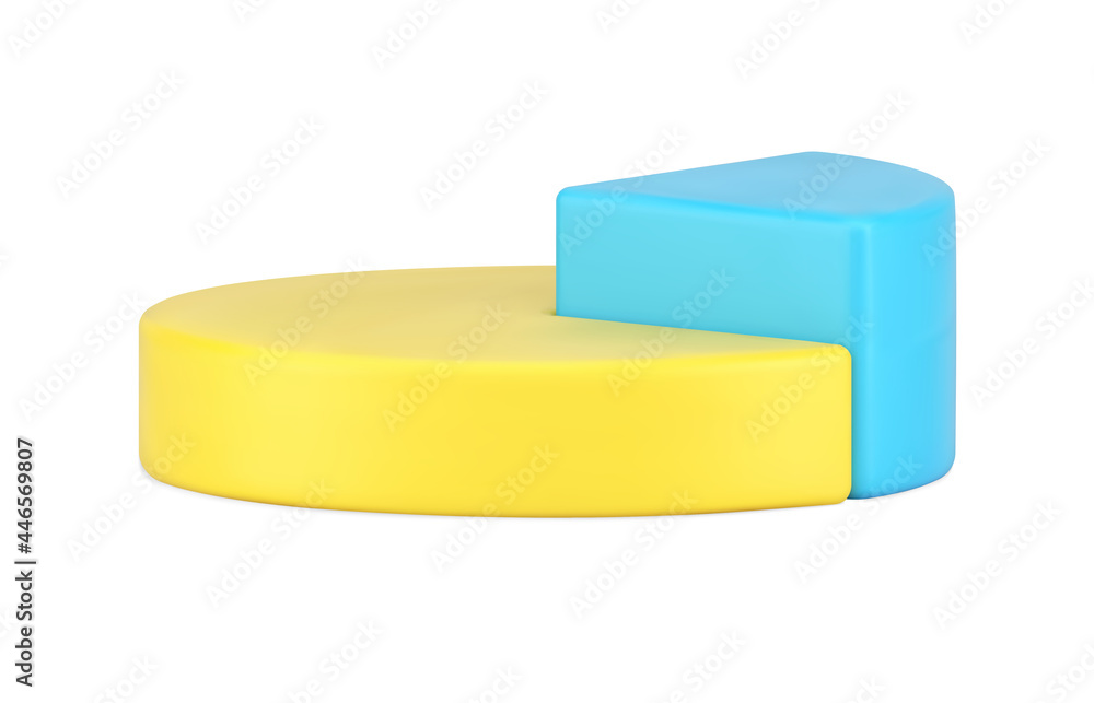 Poster pie chart side view 3d icon. infographic volumetric yellow circle with highlighted triangular blue p