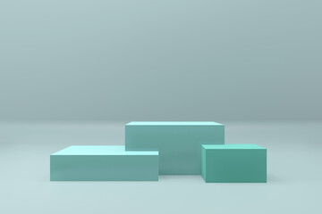 Square podiums in soft mint blue colors. Mock up scene to show products. Showcase, shopfront display case 3d render