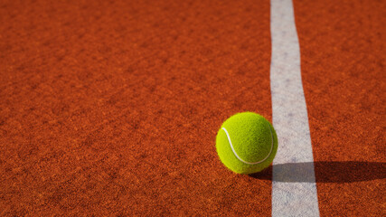 Bright yellow tennis ball near the line of a clay court. Close up of tennis ball. low angle. Ideal for a slide presentation. Template. 3D rendering. Top view.