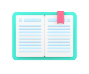 Open book with bookmark 3d icon. Textbook with green cover and red folded ribbon