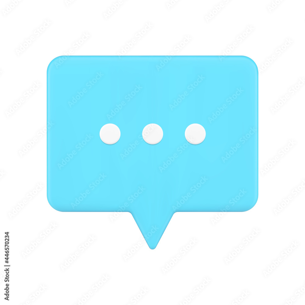 Poster blue speech bubble web chat 3d icon. volumetric rectangle with white dots of writing message