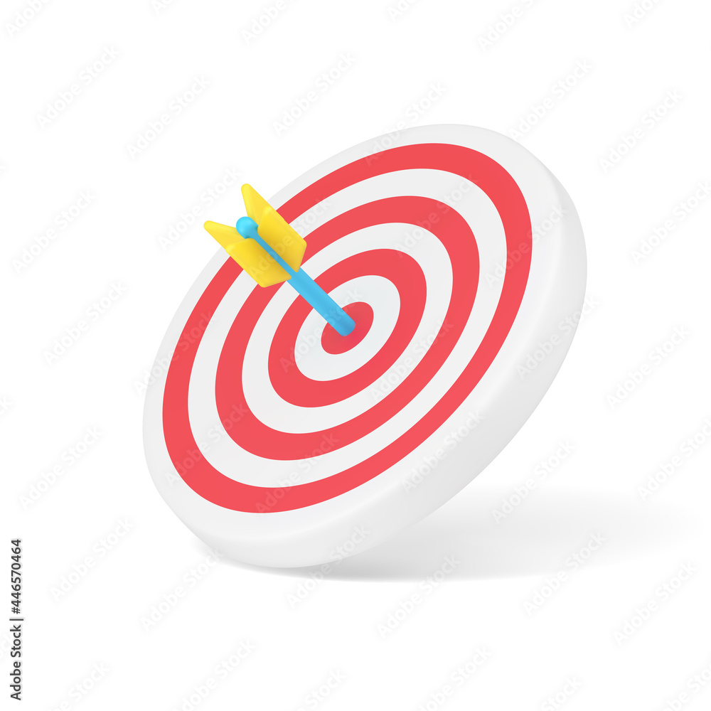 Poster arrow target 3d icon. circular disc with red stripes and blue dart in center