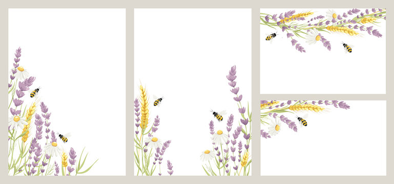 Birthday or Wedding invitation cards with honey plant. Vector design element, wreaths of lavender, chamomile, wheat ears and bee, medicinal herbs, calligraphy lettering. EPS 10.