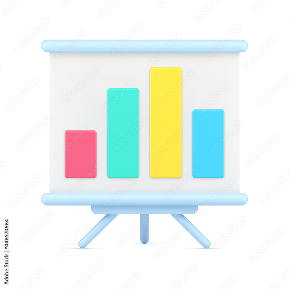 Poster stand with bar graphs 3d icon. colored infographic pillars with indicators of rise and fall of profi