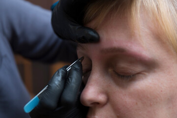 Woman receiving eyebrow grooming procedure at home workshop, close-up