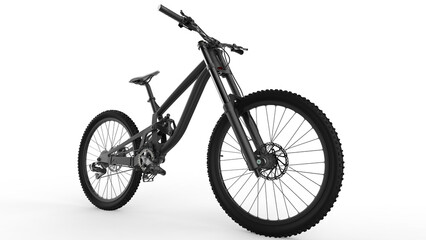 Fototapeta na wymiar Black, dark gray, enduro carbon all mountain bike with full supsension and aluminum wheels. fully mountainbike for offroad bicycle extreme sport isolated on white background. dh, downhill biking. 