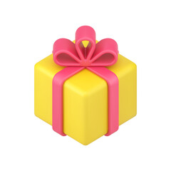 Gold square box gift 3d icon. Festive surprise with red ribbon and bow