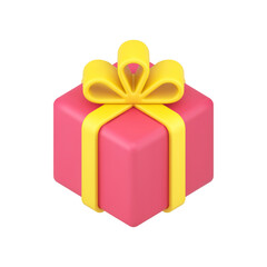 Red square box gift 3d icon. Volumetric surprise with yellow ribbon and bow