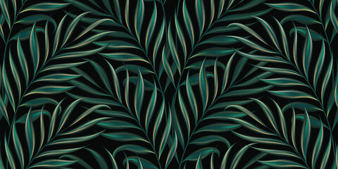 Tropical exotic seamless pattern with bright green golden textured palm leaves on dark black background. Hand-drawn premium vintage 3d vector illustration. Good for luxury wallpapers, fabric printing
