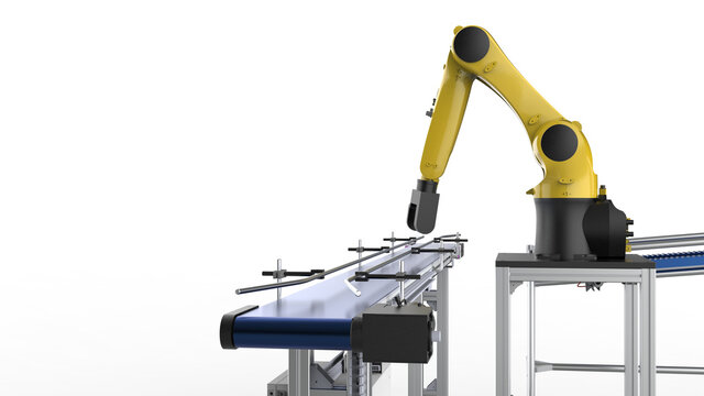 Robot arm on the factory. Automation technology of the industry. 3d hydraulic manipulator on manufacturing production line. The robotic arm on white background. 3D rendering