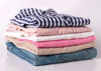 close up, stack of folded clothing. pile of different color shirts, sweaters and other garments isolated on white background with copy space.