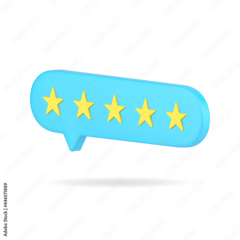 Poster web rating bubble with five stars 3d icon. blue vote of satisfied customers