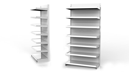 Set of white empty store shelves. Retail double shelf rack. Showcase display. Mockup template ready for your design. 3D rendering illustration. Isolated on white background. Gondola style.  © Antro_Nero