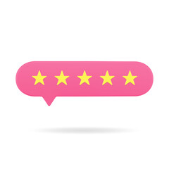 Rating bubble with five gold stars 3d icon. Red vote of satisfied customers