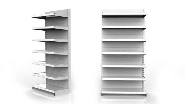 Set of white empty store shelves. Retail double shelf rack. Showcase display. Mockup template ready for your design. 3D rendering illustration. Isolated on white background. Gondola style.
