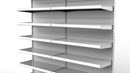 Set of white empty store shelves. Retail double shelf rack. Showcase display. Mockup template ready for your design. 3D rendering illustration. Isolated on white background. Gondola style.
