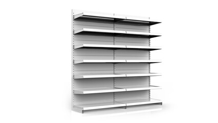 Set of white empty store shelves. Retail double shelf rack. Showcase display. Mockup template ready for your design. 3D rendering illustration. Isolated on white background. Gondola style.  © Antro_Nero