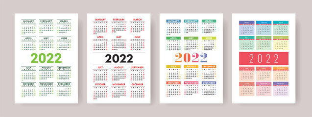 Calendar 2022 year set. Vector template collection. Simple design. Week starts on Sunday. January, February, March, April, May, June, July, August, September, October, November, December