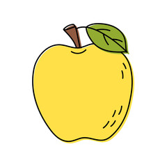 Yellow apple. Fruit with leaves isolated sketch. Color food icon. Vector illustration