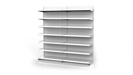 Set of white empty store shelves. Retail double shelf rack. Showcase display. Mockup template ready for your design. 3D rendering illustration. Isolated on white background. Gondola style.  © Antro_Nero